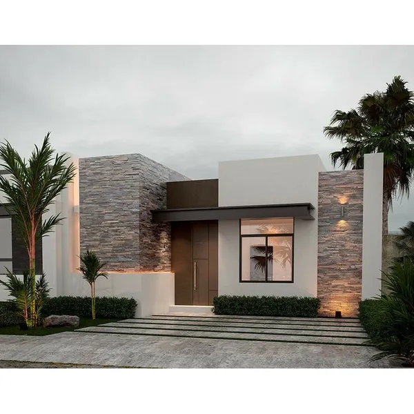 Desain Rumah Kotak Minimalis dan Modern dengan Fasad Elegan 3 Desain Rumah Kotak Minimalis 1 Lantai dengan Fasad Dominan Batu Alam