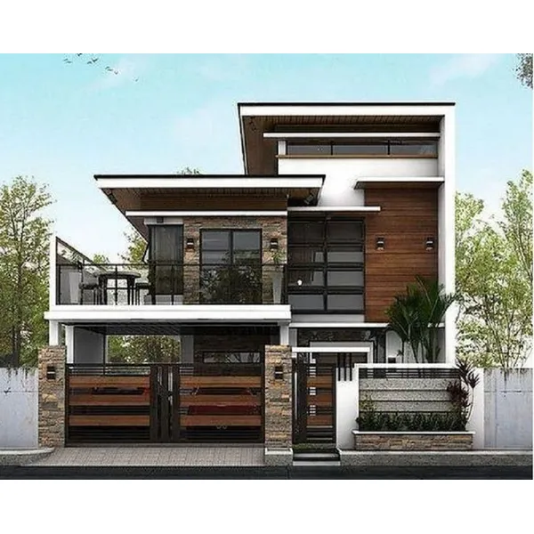 Desain Rumah Kotak Minimalis dan Modern dengan Fasad Elegan 8 Desain Rumah Kotak Minimalis 2 Lantai Kombinasi Warna Kayu dan Batu Alam