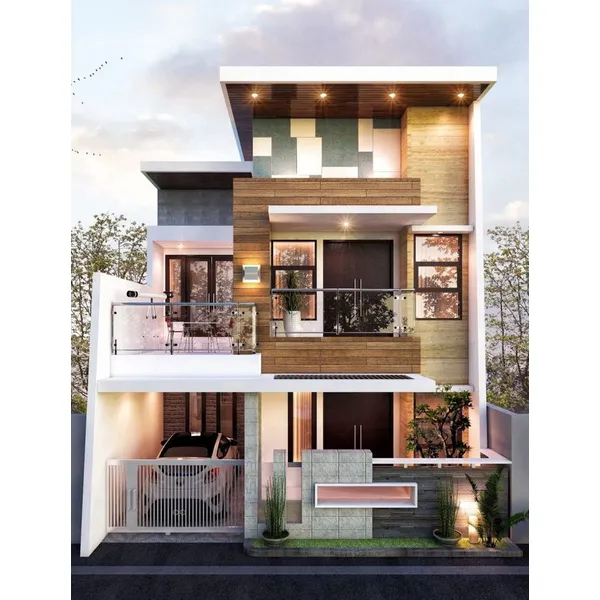 Desain Rumah Kotak Minimalis dan Modern dengan Fasad Elegan 7 Desain Rumah Kotak Minimalis 2 Lantai dengan Variasi Batu Alam